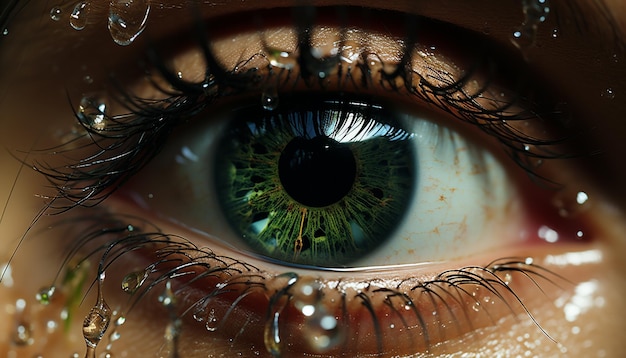 El ojo verde de la mujer caucásica refleja la belleza de la naturaleza mirando a la cámara generada por la inteligencia artificial