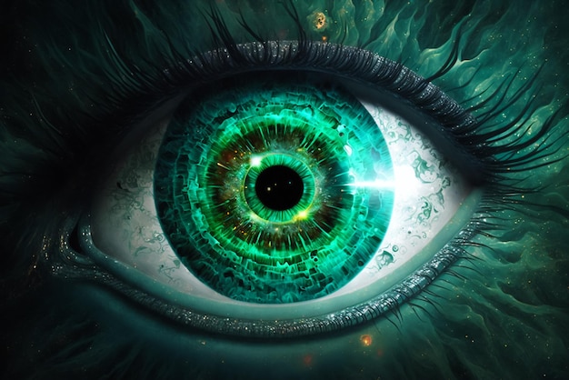 Un ojo verde con un ojo verde y la palabra bosque en él.