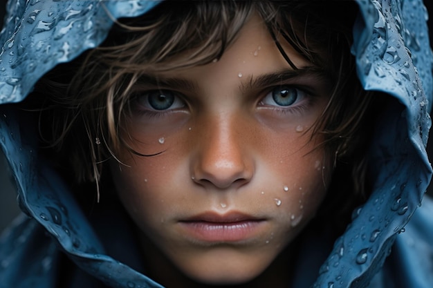 Ojos azules retrato de un niño con la naturaleza de la lluvia en el fondo fondo negro iluminación dramática.