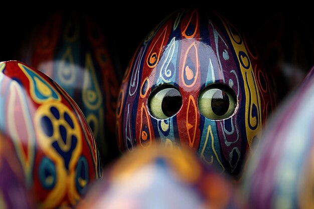 Los ojos del conejo de Pascua con coloridos huevos de Pascua ai