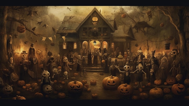 Los ojos del día de Halloween de Jack O' Lanterns truco o tratamiento Samhain All Hallows' Eve All Saints' Eve All hallowe'en espeluznante Horror Ghost Demon fondo 31 de octubre IA generativa