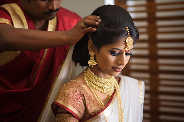 Foto ojos expresivos y peinado adornado una hermosa boda en tamil nadu