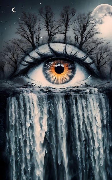 Foto ojos llorando sobre una cascada