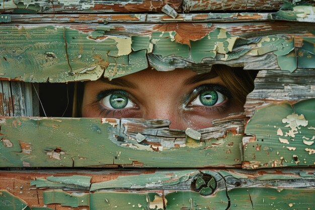 Foto ojos misteriosos mirando a través de la madera agrietada y desgastada