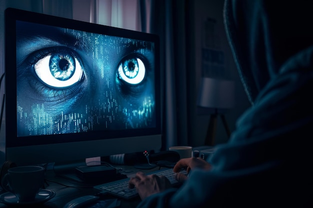 Ojos misteriosos observando desde la pantalla de la computadora