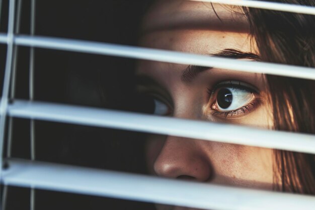 Los ojos de una mujer joven mirando a través de ventanas ciegas