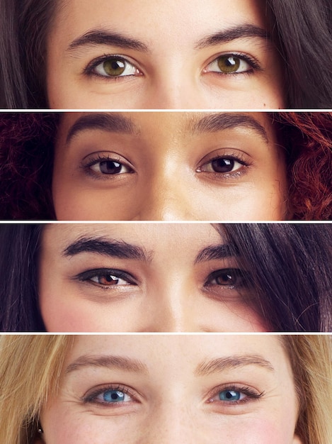 Ojos de mujeres y diversidad con collage para belleza natural colección multirracial o serie de pigmentación de la piel personas de primer plano y pestañas con cejas para variedad o grupo étnico global