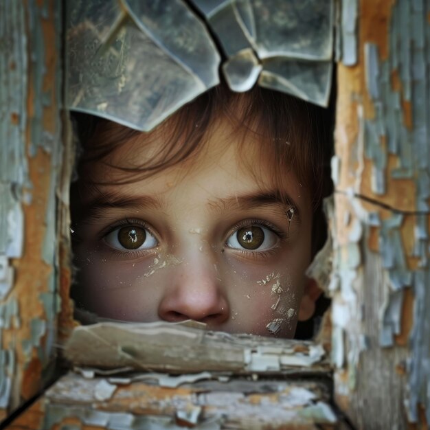 Los ojos de los niños mirando a través de una ventana agrietada esperanza en medio de la desesperación