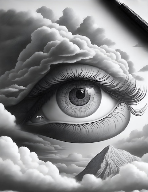 ojos con nubes en una ilustración de estilo grabado