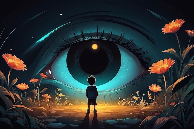 Ojos en la oscuridad mirando una ilustración de flores brillantes Curiosidad