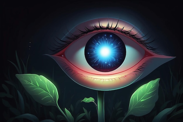 Ojos en la oscuridad mirando una ilustración de flores brillantes Curiosidad