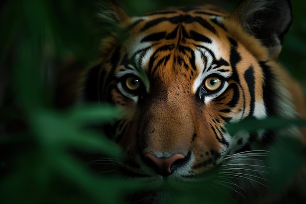 Ojos salvajes de tigre en el bosque.