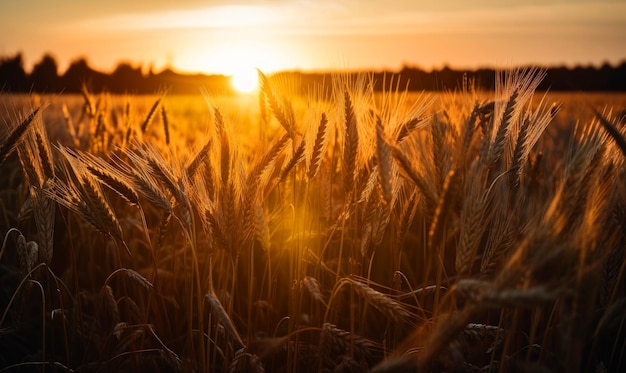 Ojos secos de maíz en los rayos del sol poniente cosecha madura en las tierras de cultivo telón de fondo borroso IA generativa