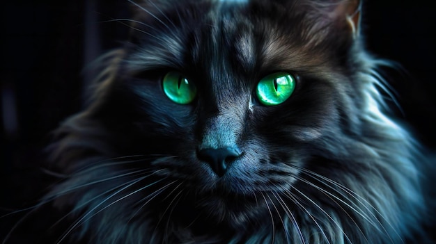 Ojos verdes brillantes de ensueño en un gato negro de pelo largo bañado en luz azul para acentuar el pelaje negro brillante