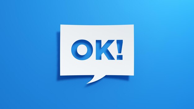 Foto ok speech bubble desenho abstrato minimalista com papel cortado branco em fundo azul render 3d