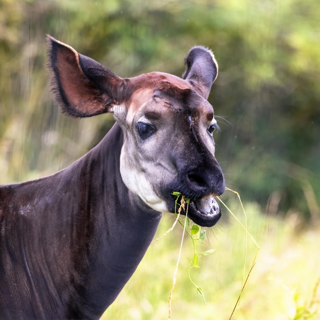 Okapi adulto pastando en un exuberante follaje Esta especie está en peligro de extinción en estado salvaje