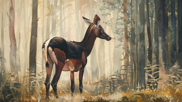 Foto okapi em seu ambiente florestal retratado em aquarela misturando realismo com o etéreo cercado por espaço vazio para ênfase