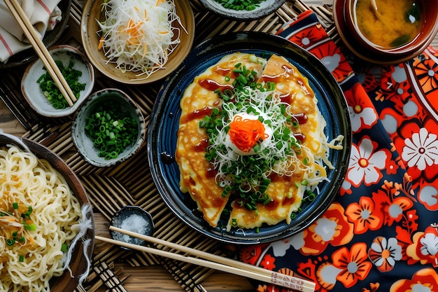 Okonomiyaki Extravaganza japanische Pfannkuchen auf Volkstuch