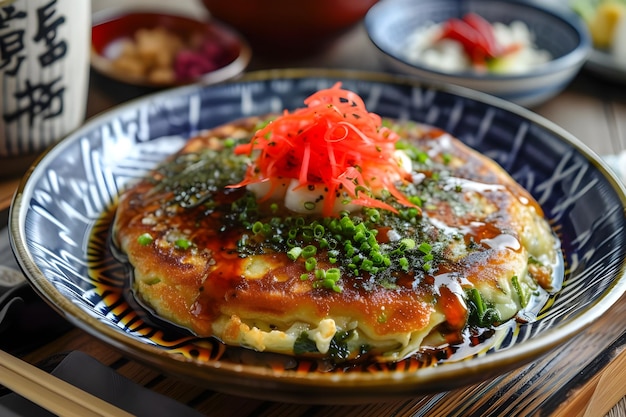 Foto okonomiyaki extravaganza panqueque japonés en tela popular