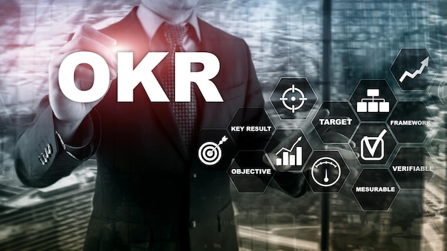 OKR Objective Key Result Konzept Mixed Media auf einem virtuellen strukturierten Bildschirm Projektmanagement