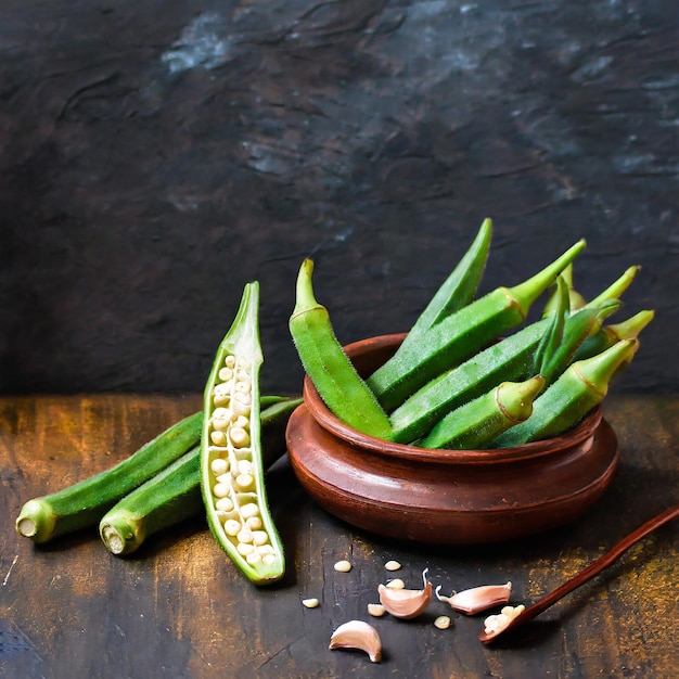 Foto okra egípcia fresca tamanho zero em tigela de madeira isolada em fundo branco vista superior