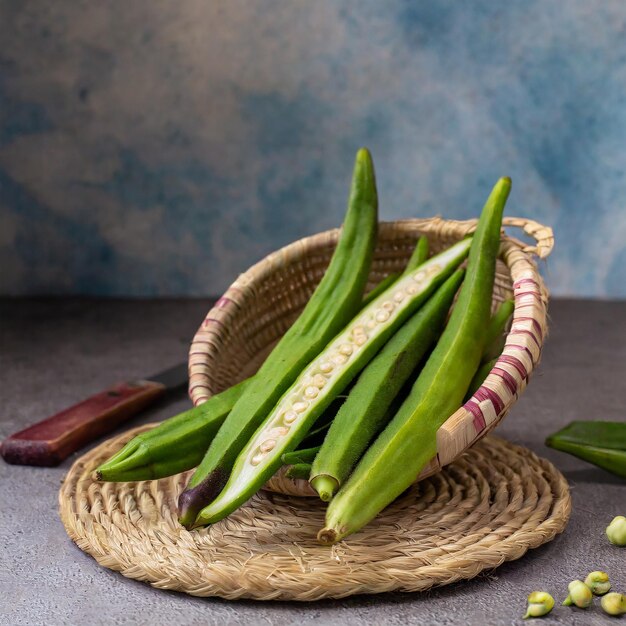 Foto okra egípcia fresca tamanho zero em tigela de madeira isolada em fundo branco vista superior