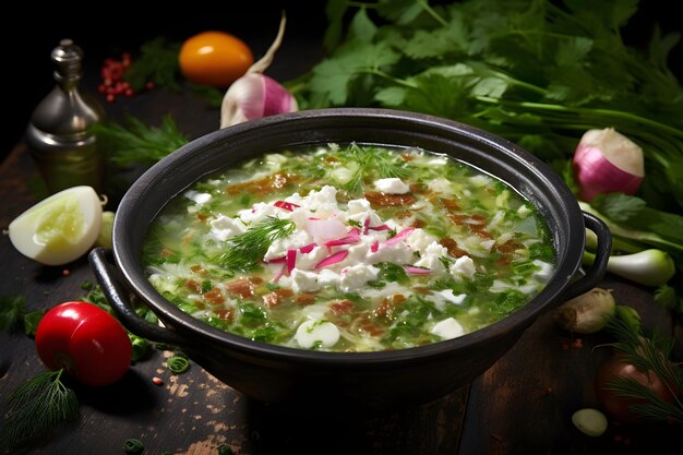 Okroshka eine gekühlte Sommersuppe mit Kvas-Gemüse und Kräutern