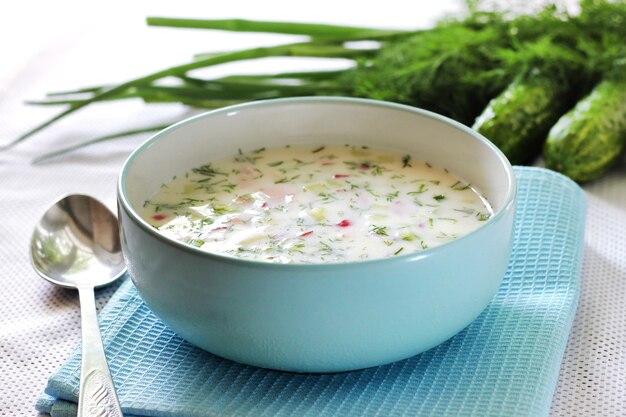 Okroshka - traditionelle russische kalte Suppe mit frischer Gurke, gekochten Eiern und Dill