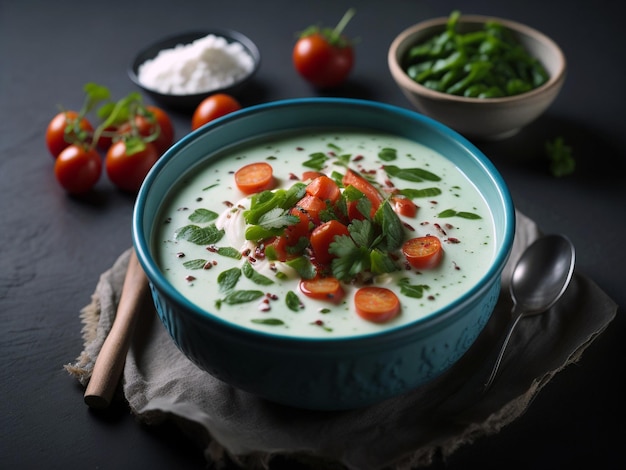 Okroshka, traditionelle russische Sommerjoghurt-Kaltsuppe mit Gemüse