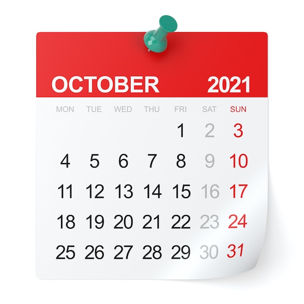 Oktober 2021 - Kalender. Isoliert auf weißem Hintergrund. 3D-Illustration
