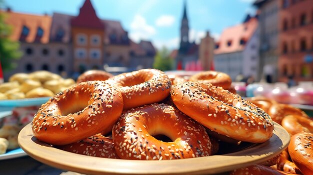 Foto oktoberfest-arrangement mit köstlicher brezel generative ai