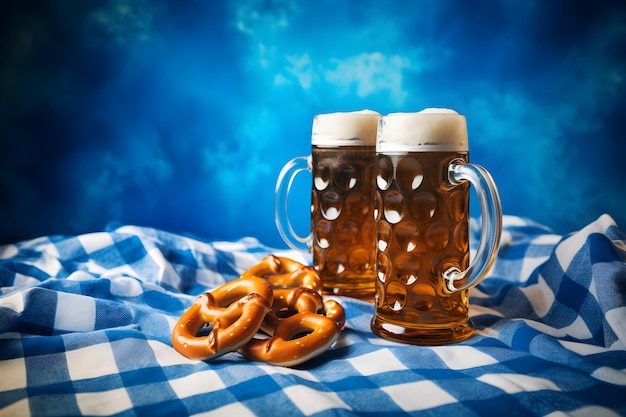 Oktoberfest-Bierkrüge und Brezeln auf einem Holztisch mit traditionellem Handtuch vor blauem Hintergrund. Kopierraum