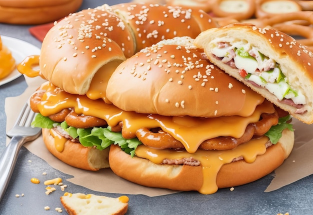Oktoberfest-Brezel-Bagel-Sandwich Oktoberfest-Frühstücks-Burger-Rezept für eine festliche Bierparty