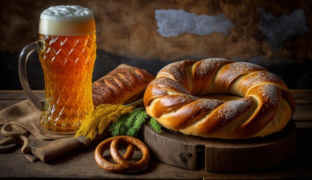 Oktoberfest Comida Salchicha Cerveza y Bretzel IA generativa