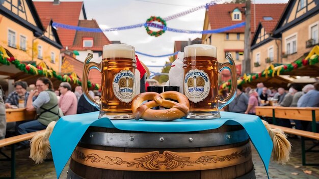 Oktoberfest dos cervezas grandes con un barril de madera de pretzel y un mantel azul