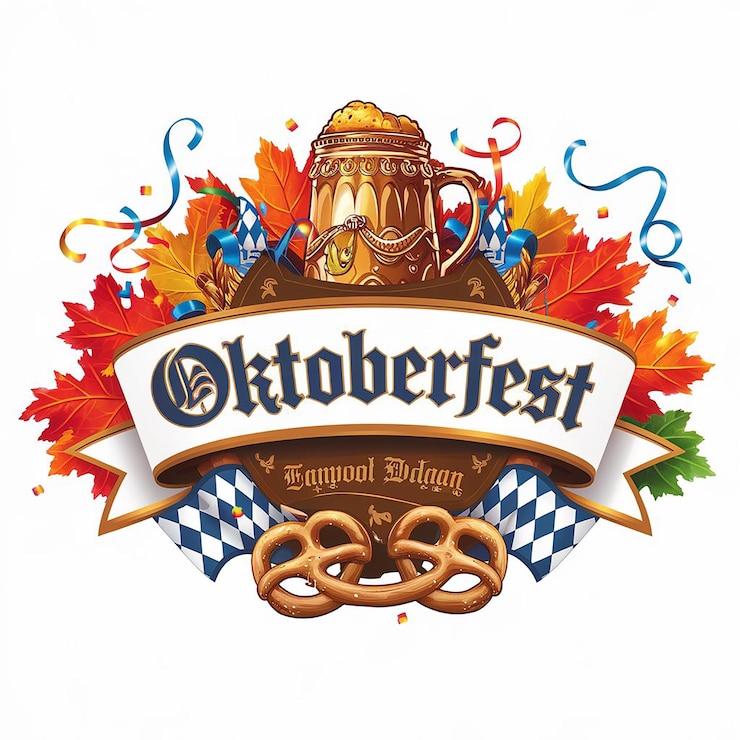 Foto oktoberfest fass emblem mit pretzel und banner
