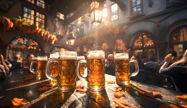 Oktoberfest en el fondo Deliciosos jarros de cerveza fría con spritz en una mesa de madera al atardecer Gente disfrutando del Oktoberfest Alemania Munich