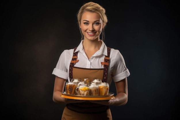 Oktoberfest-Kellnerin in einem traditionellen bayerischen Kleid, die große Bierbecher serviert