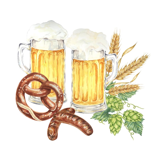 Oktoberfest-Komposition in Aquarell Bierbecher gegrillte Würstchen Brezeln Weizen Hopfen und Gerste Clipart für festliche Designs Brauerei Flyer