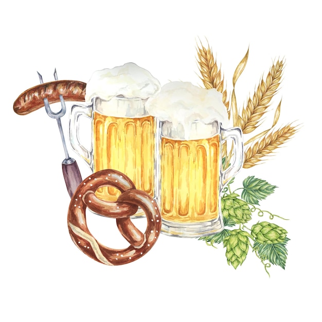 Oktoberfest-Komposition in Aquarell Bierbecher gegrillte Wurst Pretzel Weizen Hopfen und Gerste Ohren Clipart für festliche Designs Brauerei Flyer