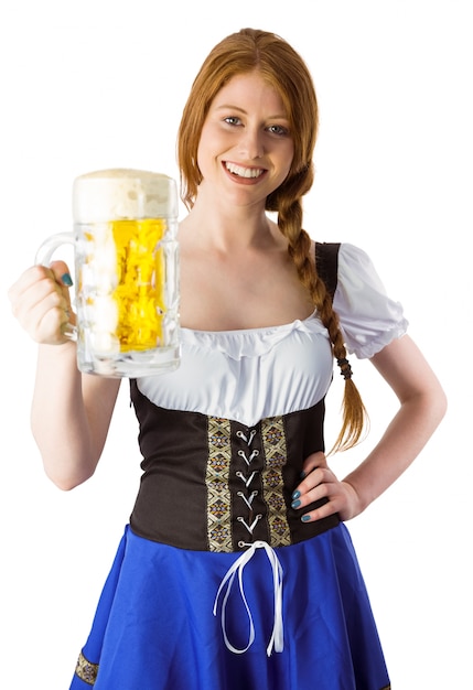 Oktoberfest, menina, sorrindo, câmera, segurando, cerveja