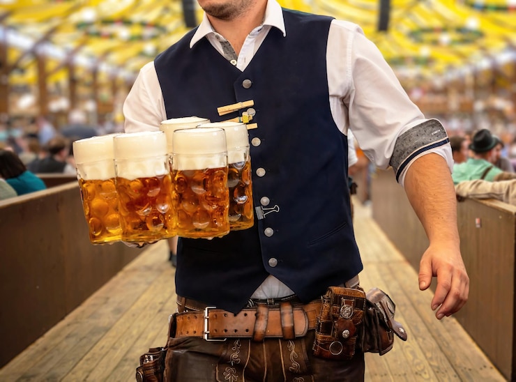 Oktoberfest München Kellner servieren Bier Nahaufnahme Oktoberfest Deutsches Fest