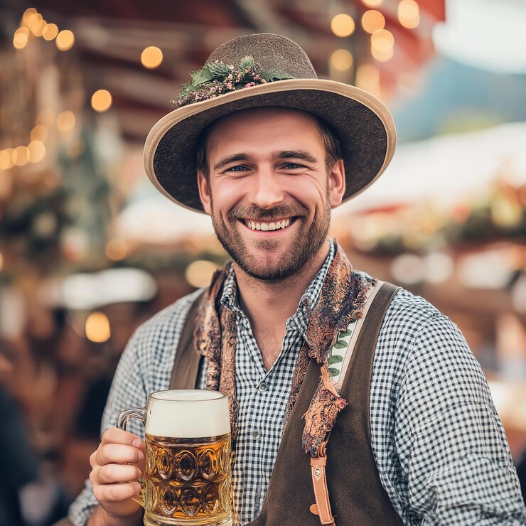 Foto oktoberfest retrato de um indivíduo em trajes tradicionais da baviera segurando uma garrafa de cerveja