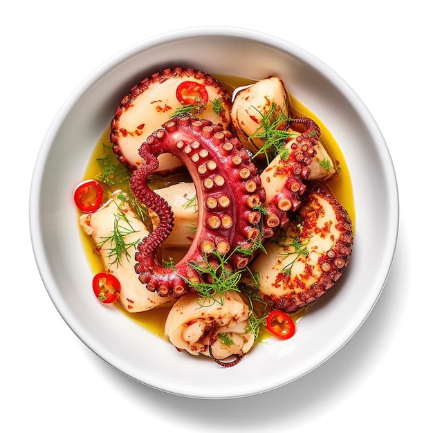 Oktopus-Carpaccio auf weißem Hintergrund Mediterrane Lebensmittel Bio-Gesunde Ernährung