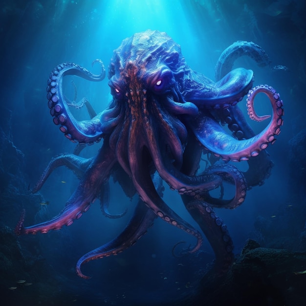 Oktopus im Ozean mit Licht, das auf ihn herabscheint, generative KI