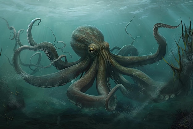 Oktopus-Krake-Monster schwimmt durch trübe Wassertentakel, die sich ausbreiten