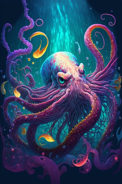 Oktopus mit Tentakeln und Blasen im Ozean, generative KI