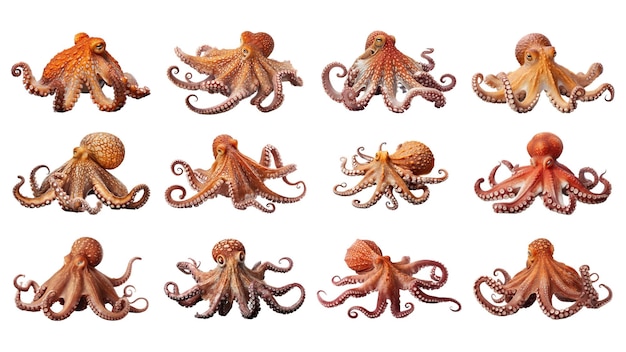 Oktopus-Sammlung isoliert auf weißem Hintergrund mit KI-Generierung