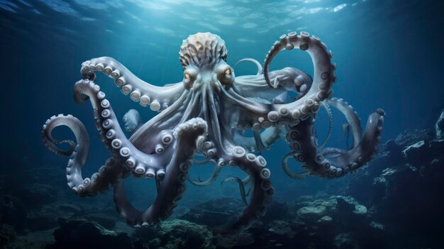 Oktopus schwimmt im Ozean Geschöpf, das anmutig im tiefen blauen Wasser gleitet