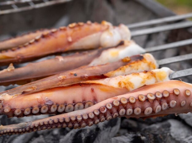 Oktopus-Tentakel und Fisch mit Saugnäpfen auf Grill-Nahaufnahme auf der griechischen Insel